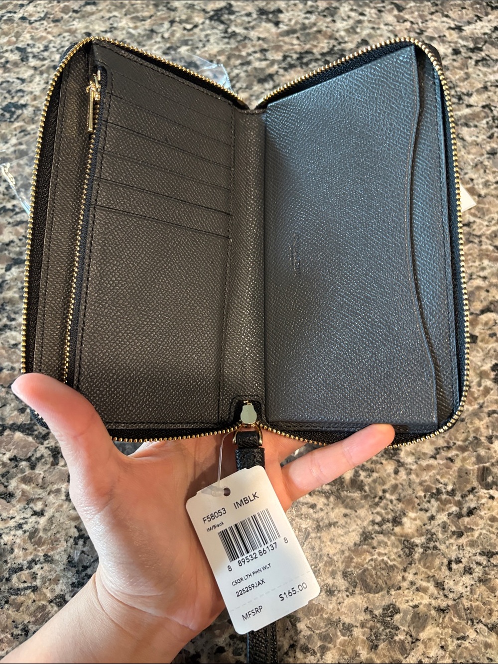 NWT Coach Black Crossgrain Leather Phone Zip Wallet with Gold Accent - Picture 7 of 10